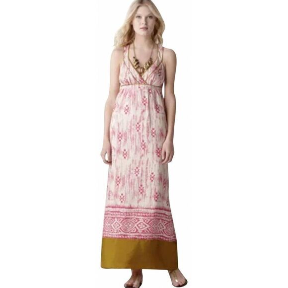 Ann Taylor LOFT 100% Silk tribal maxi cris cross halter Pink, White, & moss Sz 0 - Picture 1 of 9